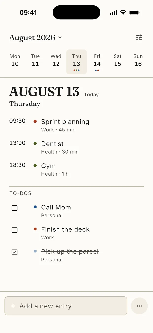 The Divit day view on iPhone: timed events, with a to-do list grouped by project underneath.